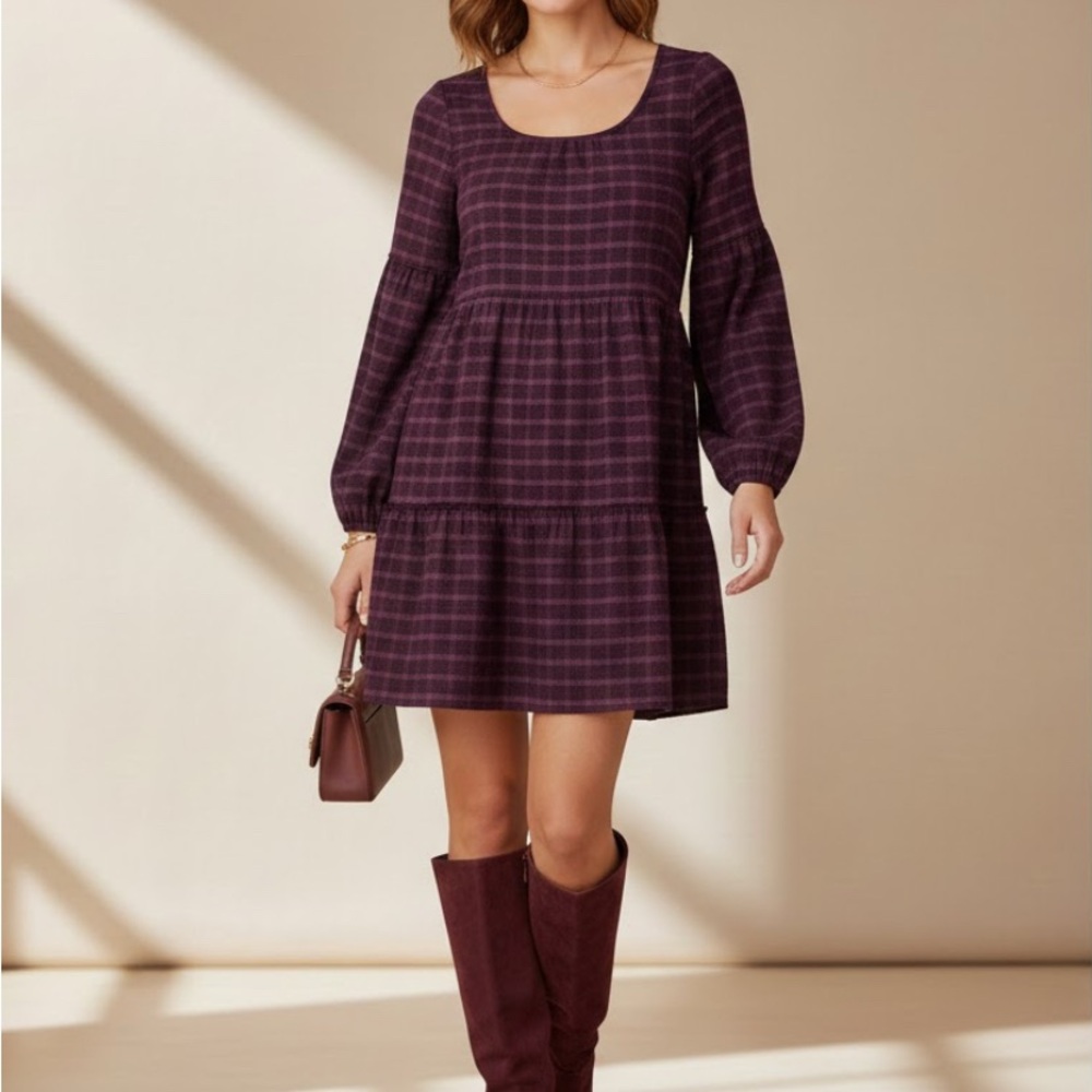 🥳 Wonderly Women’s Long Sleeve Plaid Dress Purple Size L